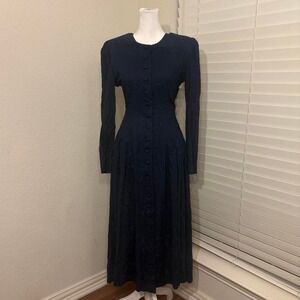 Vintage 90s plaza south sz 6 navy blue long drop waist button prairie dress